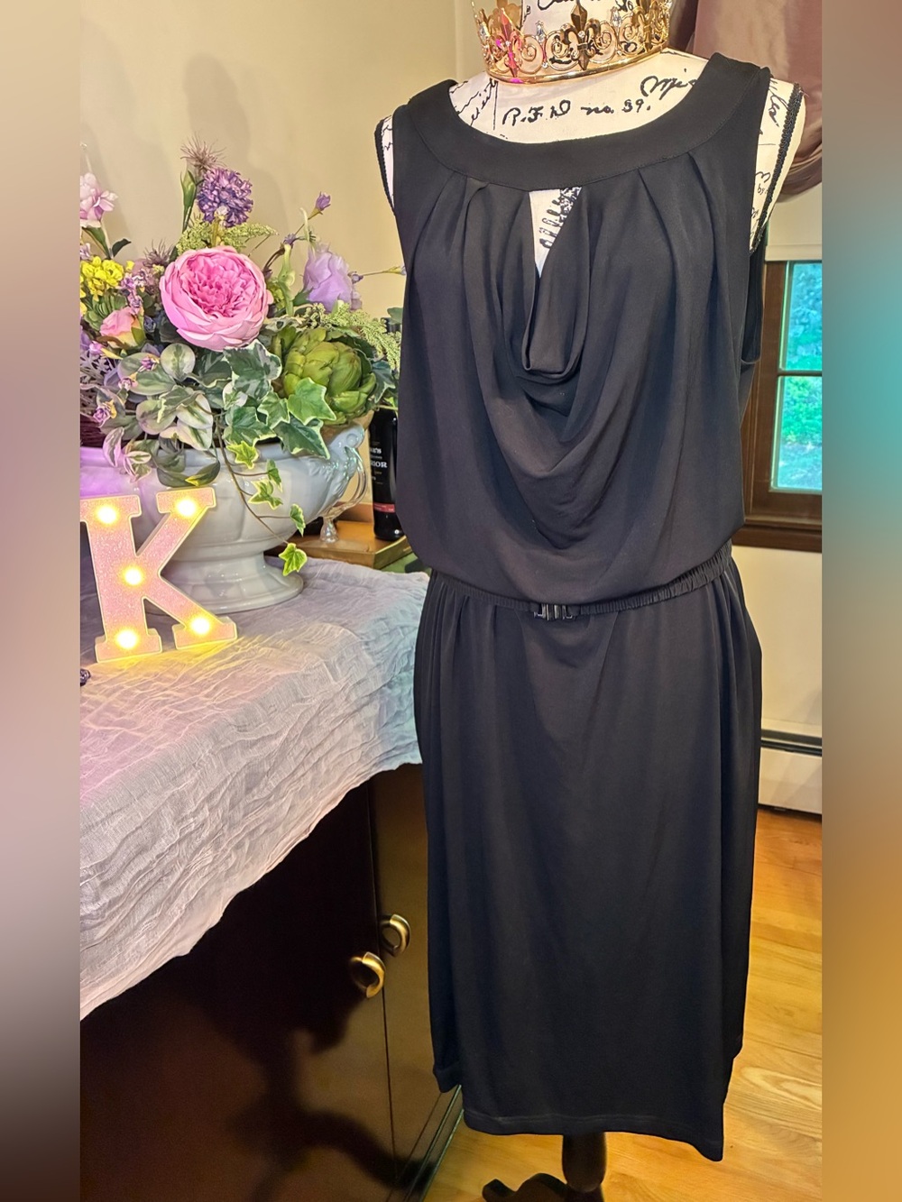 NWT Jaclyn Smith Plus 2X Black Cowl Neck Belted Dress